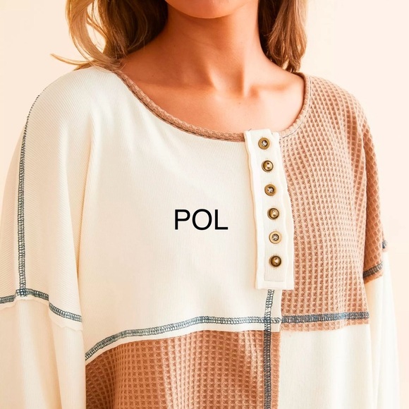 BP30🤎🤍NEW! POL playtime in cutest tan+cream spliced color block top!gr8 day2date - Picture 6 of 9
